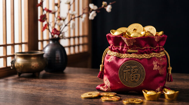 A red silk lucky bag overflowing with gold coins and ingots on a wooden table, featuring traditional Asian decor and flowers in the background, symbolizing wealth and prosperity.