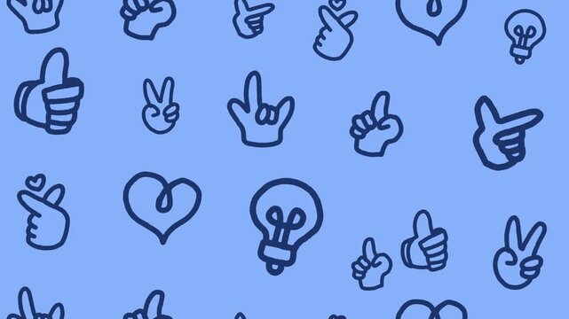 Hand-drawn hand gesture doodle icons seamless pattern on blue background animation with cartoon finger heart thumbs up and peace sign sketches wallpaper concept.