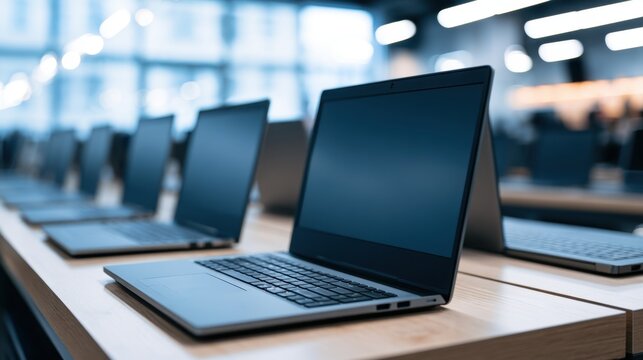 Modern sleek laptop computer with black screen on wooden table in bright technology store showcasing multiple devices in contemporary digital workspace environment