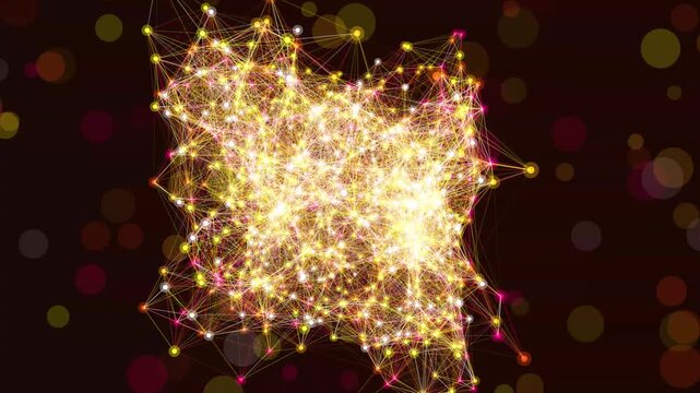 Golden glowing network particles connected by lines forming a complex structure with floating bokeh light orbs