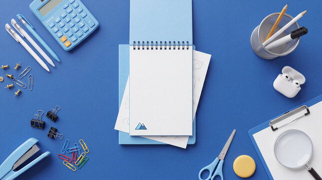 Flat lay of an open blank spiral notebook surrounded by office supplies including pens, calculator, scissors, and paper clips on a blue background.