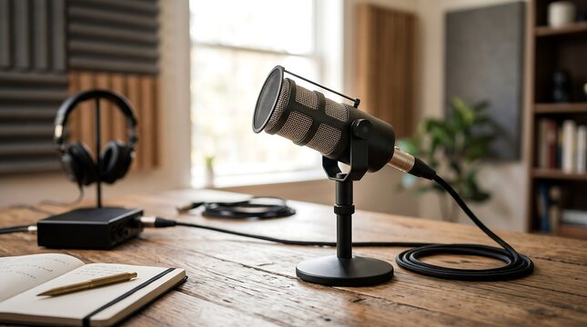 Professional condenser microphone setup on wooden desk in home recording studio for podcasting broadcasting and voiceover