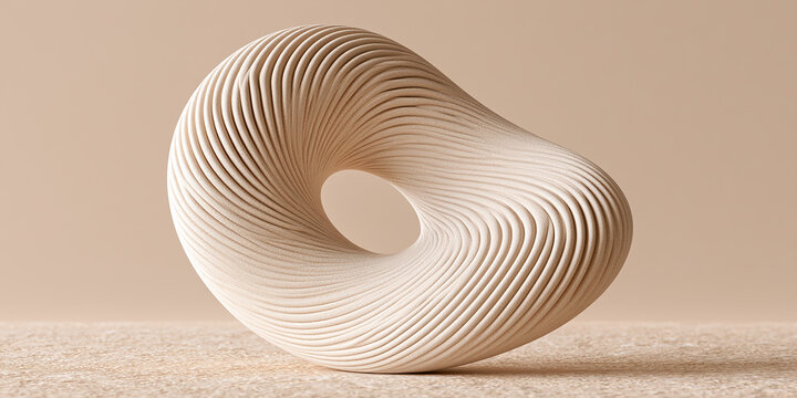 Abstract beige torus with rhythmic grooved texture set against a solid monochrome neutral background