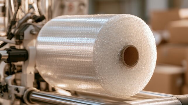 Close-up of clear bubble wrap roll on industrial wrapping machine ready for packaging protection in factory production line setting