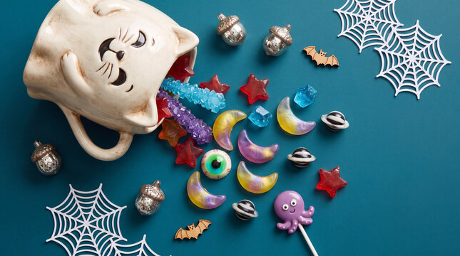 Top view of Halloween treats spilling from a cat mug with moon gummies, eyeballs, rock candy, bats, and spiderwebs on a teal background.