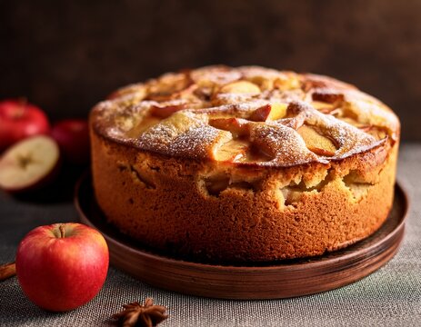 rustic moist apple cake with fluffy texture and copyspace for text