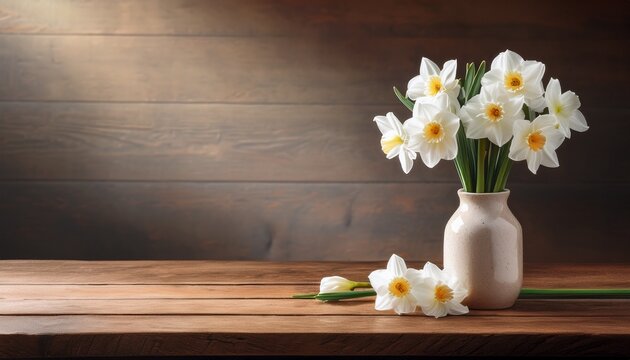white paperwhite narcissus blooms in a minimal vase placed on an aged wooden table bringing natural freshness