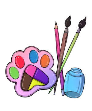 Cute Cat Paw Paint Palette Illustration, Kawaii Artist Art Supplies Clipart