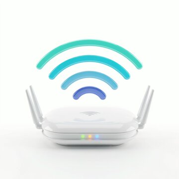 White wifi router with signal icon. Modern internet device for wireless network connectivity.