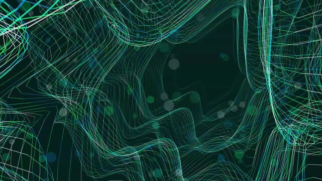 Moving green light waves create a flowing tunnel of energy across a dark virtual space environment