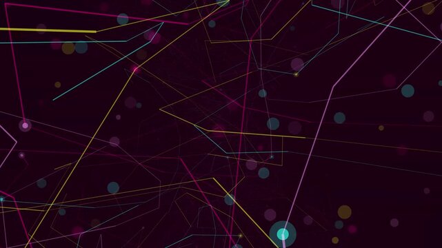 Neon colored geometric lines and glowing floating particles moving across a dark space communication network system