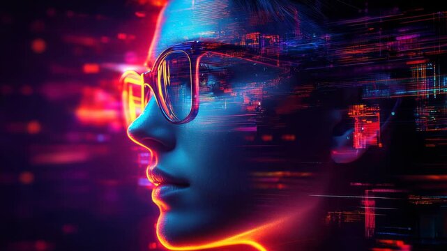 A side profile of a person wearing glasses with a vibrant, neon color overlay, resembling data streams