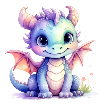 Kawaii little dragon featuring colorful scales, tiny horns, expressive eyes, and small wings, isolated on transparent.