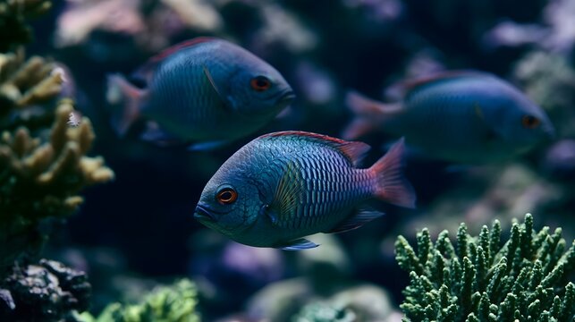 Blue fish swim gracefully among colorful coral formations in a vibrant underwater environment