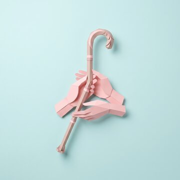 Hands Supporting a Walking Cane in a Soft Pastel Color Scheme for Accessibility Awareness