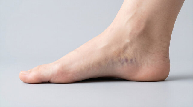 Foot with contusion showing arch and injury detail on gray background

