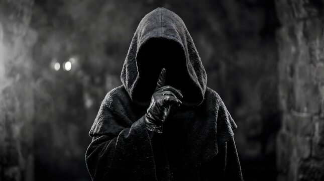 A mysterious hooded figure standing in the shadows with a dark and ominous atmosphere in black and white