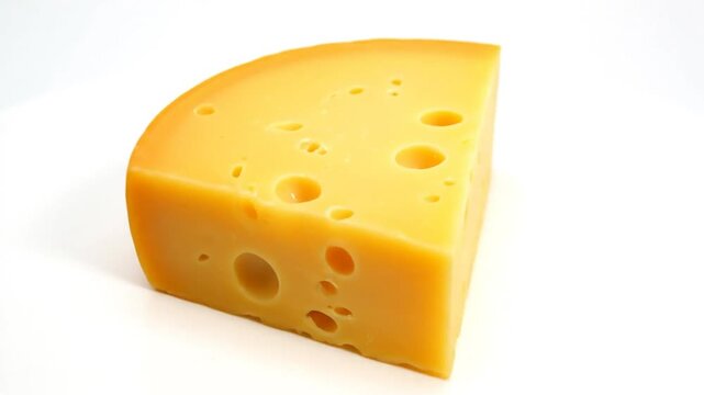 Close up wedge of delicious yellow cheese with multiple holes on white background ready to eat
