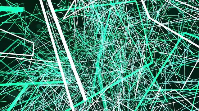 Neon green and white geometric lines crossing in a complex pattern of intersecting angular light segments
