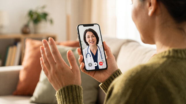 Digital healthcare concept featuring patient and doctor video consultation through mobile technology.
