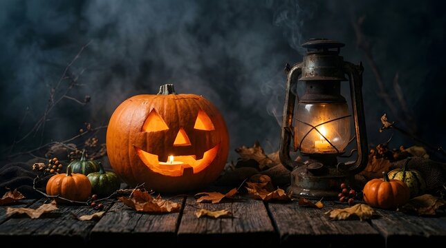 A glowing carved jack o lantern pumpkin and a vintage oil lantern sitting on a rustic wooden table for halloween night