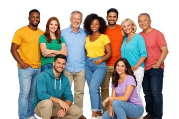 Fototapeta premium Diverse group of smiling people in colorful casual attire on white background.