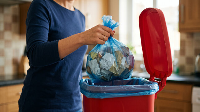 Household waste disposal concept with person throwing trash into bin, representing cleanliness and environmental responsibility.