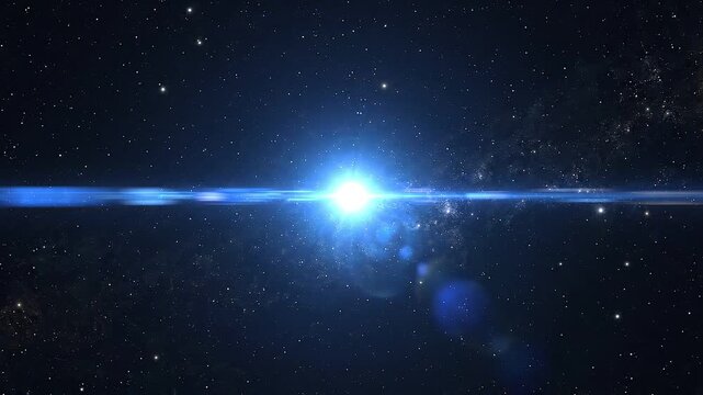 Bright blue star shining in the deep space with lens flare effect