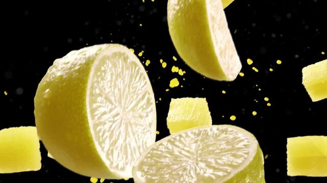 Citron avec tranches tombant sur fond noir