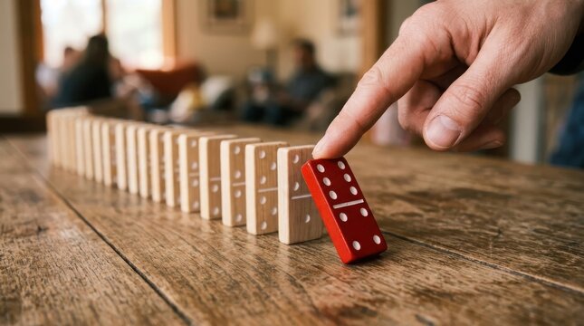 Hand pushing red domino on wooden table