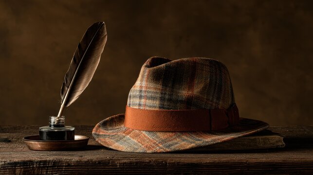 Vintage brown plaid fabric hat with wide brim and band placed on old textured book next to antique ink bottle with feather quill on rustic wooden surface in warm lighting