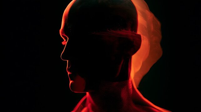 Prompt: A powerful conceptual photograph ofsuppression. A stark black human silhouette face looking forward, double-exposed with a haunting fine-art portrait of a classical classical classical 