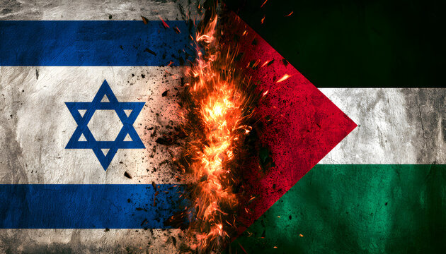 Using a grungy style with flames and distress effects, the Israeli and Palestinian national flags highlight the Gaza Strip's geopolitical conflict. This conflict mirrors the ongoing war and estrangeme