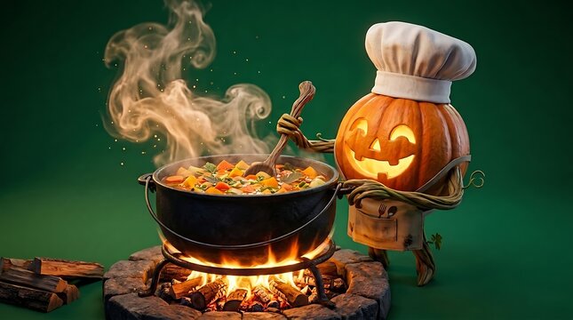 Whimsical pumpkin character wearing chef hat stirring large cauldron of vegetable soup over outdoor campfire on dark green studio background.