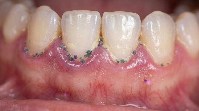 Close up of gingivitis and dental plaque on lower teeth