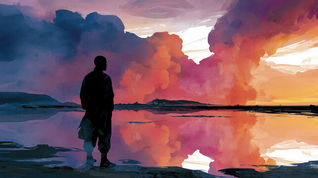 Lone figure stands in contemplation, silhouetted against breathtaking twilight sky ablaze with vibrant oranges, deep purples, and fiery reds, their dramatic reflections mirroring perfectly in tranquil