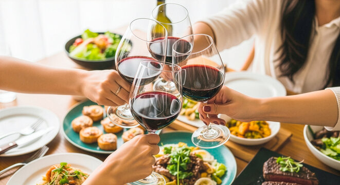 豪華な料理が並ぶテーブルで赤ワイングラスを合わせ乾杯する手元