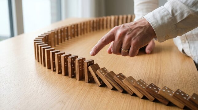 Hand pushing wooden dominoes initiating chain reaction