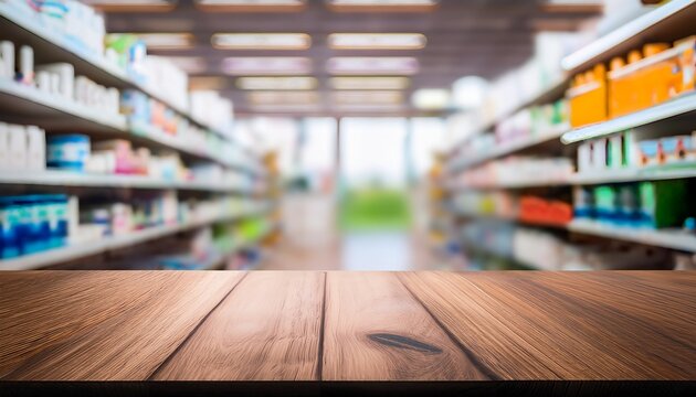 light filled pharmacy aisle blurred background wooden table