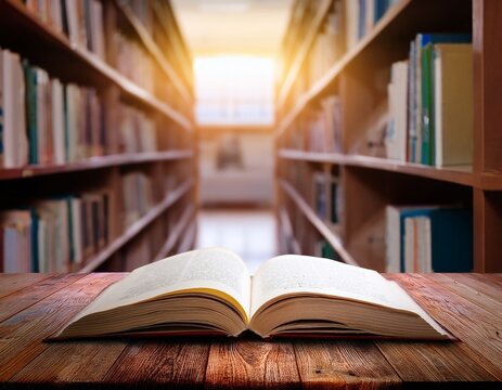 open book on a wooden table in a large library