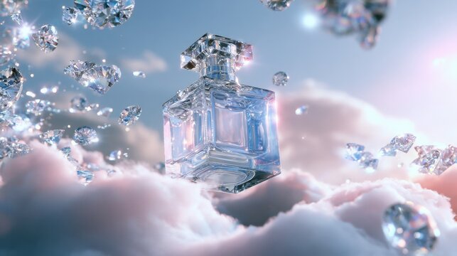 Crystal clear glass perfume bottle floating among sparkling ice cubes and soft pastel clouds with a bright dreamy sky background and gentle light reflections