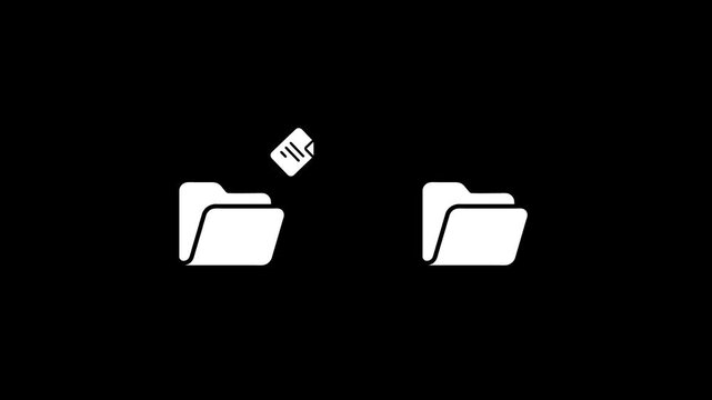 Minimalist digital file transfer animation: document moving between folders on black background data