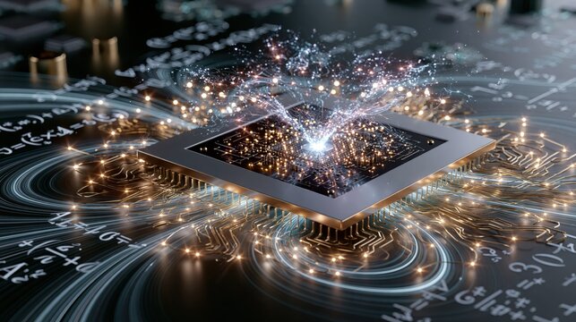 Technology artwork shows a microchip with light effects in a circuit board setup with mathematical equations in the background