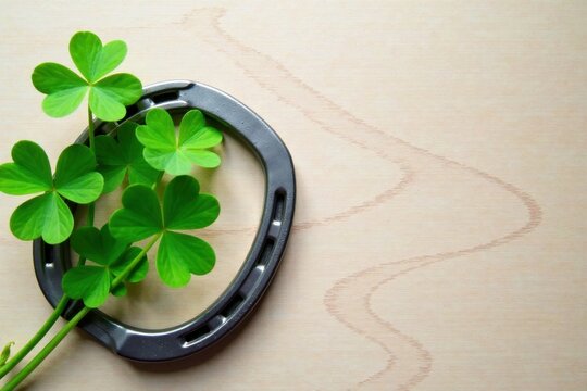 A lucky charm composition featuring a horseshoe and shamrocks on a wood background