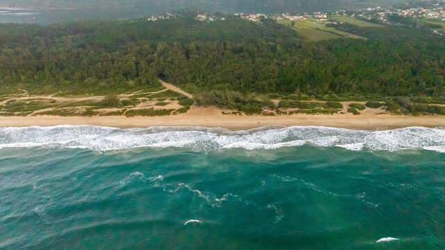 Aerial view of Praia do Mocambique at sunrise with golden light hitting the sandy beach, crashing waves, and lush green forest in Florianopolis, Santa Catarina, Brazil.