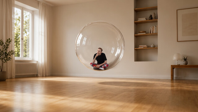 Person sitting inside transparent bubble in bright minimalist room. Concept of emotional isolation, personal boundaries, protected inner space.