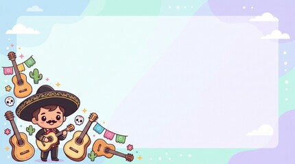 Fototapeta premium Chibi Mariachi Musician With Guitars And Fiesta Decorations Around Pastel Copy Space