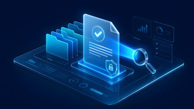 Digital document verification process with glowing shield and magnifying glass analyzing compliance file representing secure data audit