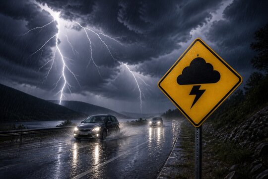 Road traffic passing under lightning storm with warning sign