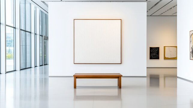 Minimalist art gallery featuring large blank canvas on white wall, complemented by wooden bench for visitors to sit and reflect
